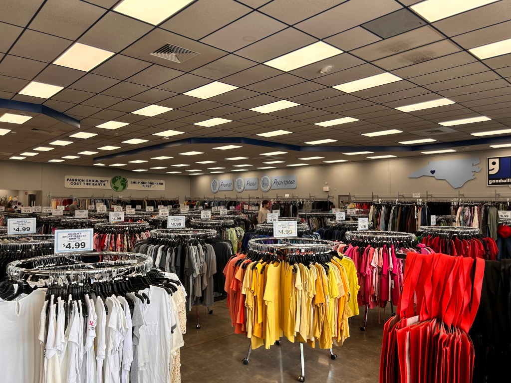 Racks of clothing for sale in Goodwill store, Denver, North Carolina. (Photo by: Lindsey Nicholson/UCG/Universal Images Group via Getty Images)