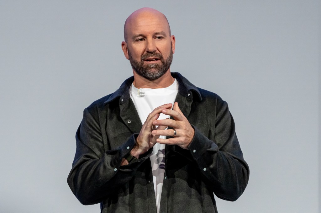 Andrew Bosworth, chief technology officer and head of Reality Labs at Meta Platforms Inc., during the Meta Connect event in Menlo Park, California, US, on Thursday, Sept. 18, 2025. Meta Platforms Inc., seeking to turn its smart glasses lineup into a must-have product, on Wednesday unveiled its first version with a built-in screen. Photographer: David Paul Morris/Bloomberg